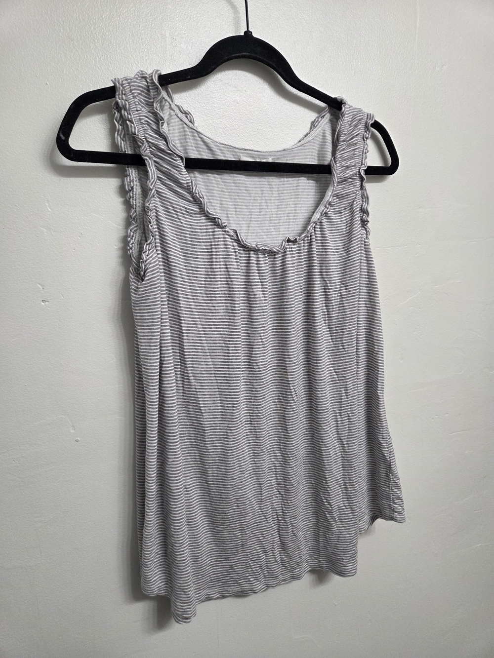 Striped Gray Ruffle-Trim Sleeveless Top